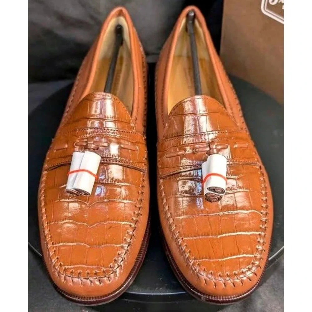 NIB~Florsheim Pisa 18469 Cognac Leather Croc Print Tassel Loafers~Men's Size 8 D